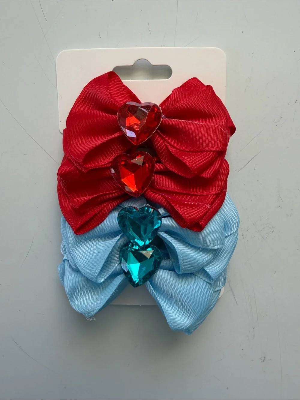 Kids Heart Gem Bow Hair Clips – Red & Light Blue